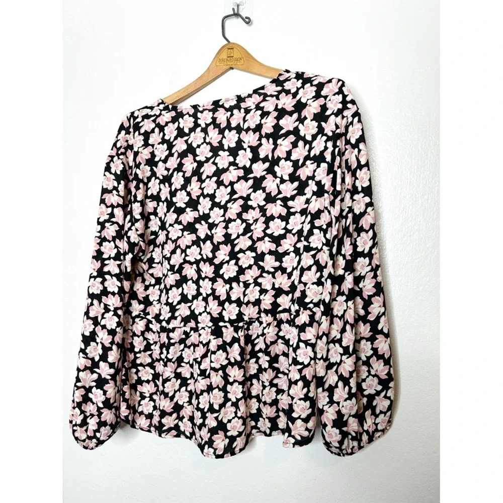 Popsugar Womens Cherry Blossom Floral Print Wrap Style Peplum Hem Blouse Large L